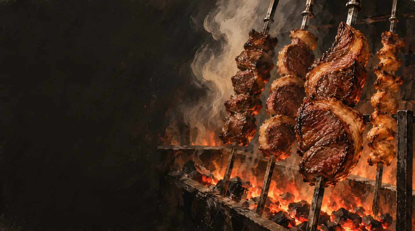 Spiedi di carne verticali sopra la brace ardente, avvolti dal fumo